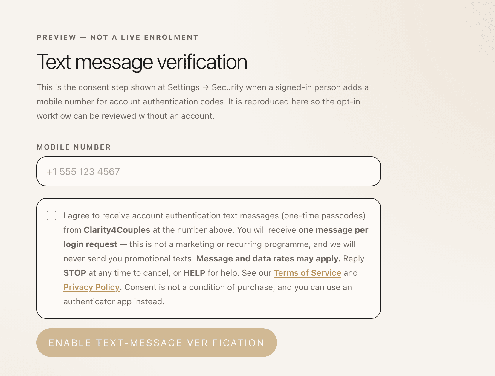 The Clarity4Couples text message verification screen, showing a mobile number field, an unchecked consent checkbox carrying the full programme disclosures, and a disabled Enable text-message verification button.